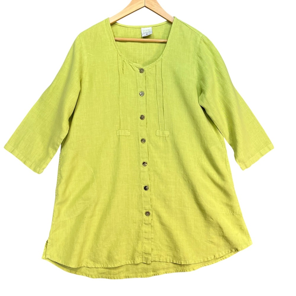 Click USA Linen Lagenlook Button Tunic Top Lime Green‎ 3/4 Sleeve Medium